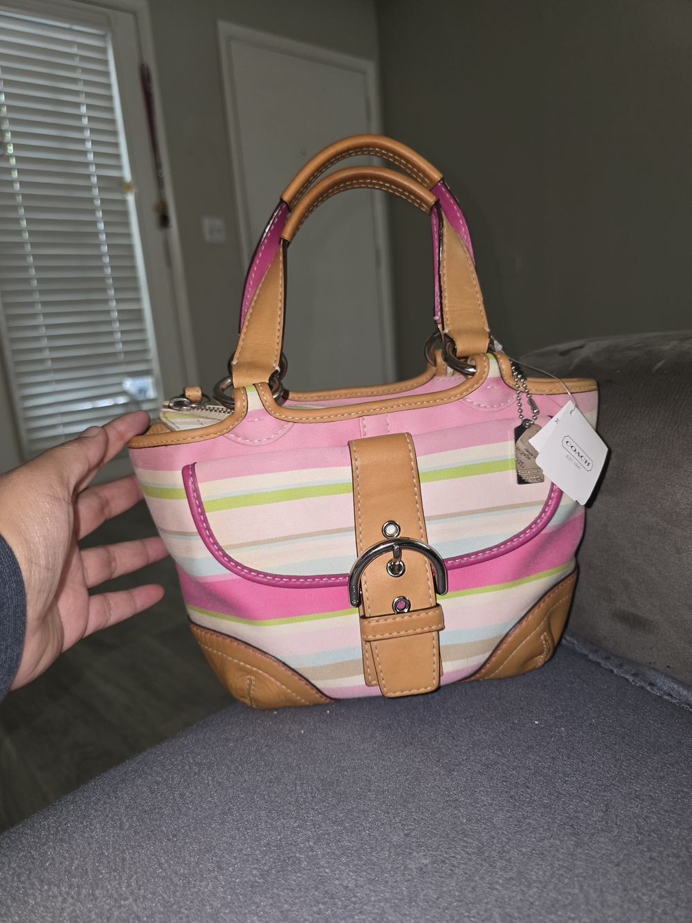 Coach Pink Striped Mini Tote with Tan Leather Trim
